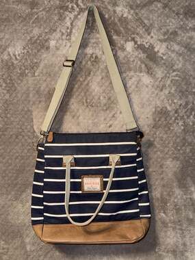 Brakeburn Navy Blue and White Striped Canvas Crossbody Tote Bag